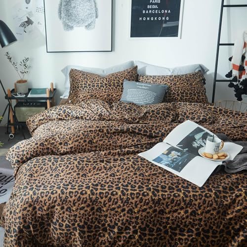 Erwinmu Leopard Comforter Set Queen Comforter Set Cheetah 3 Pieces Queen Bed in a Bag Microfiber Bedding Set for All Seasons Animal Print Home Decor Queen Size Comforter Brown with 2 Pillowcases