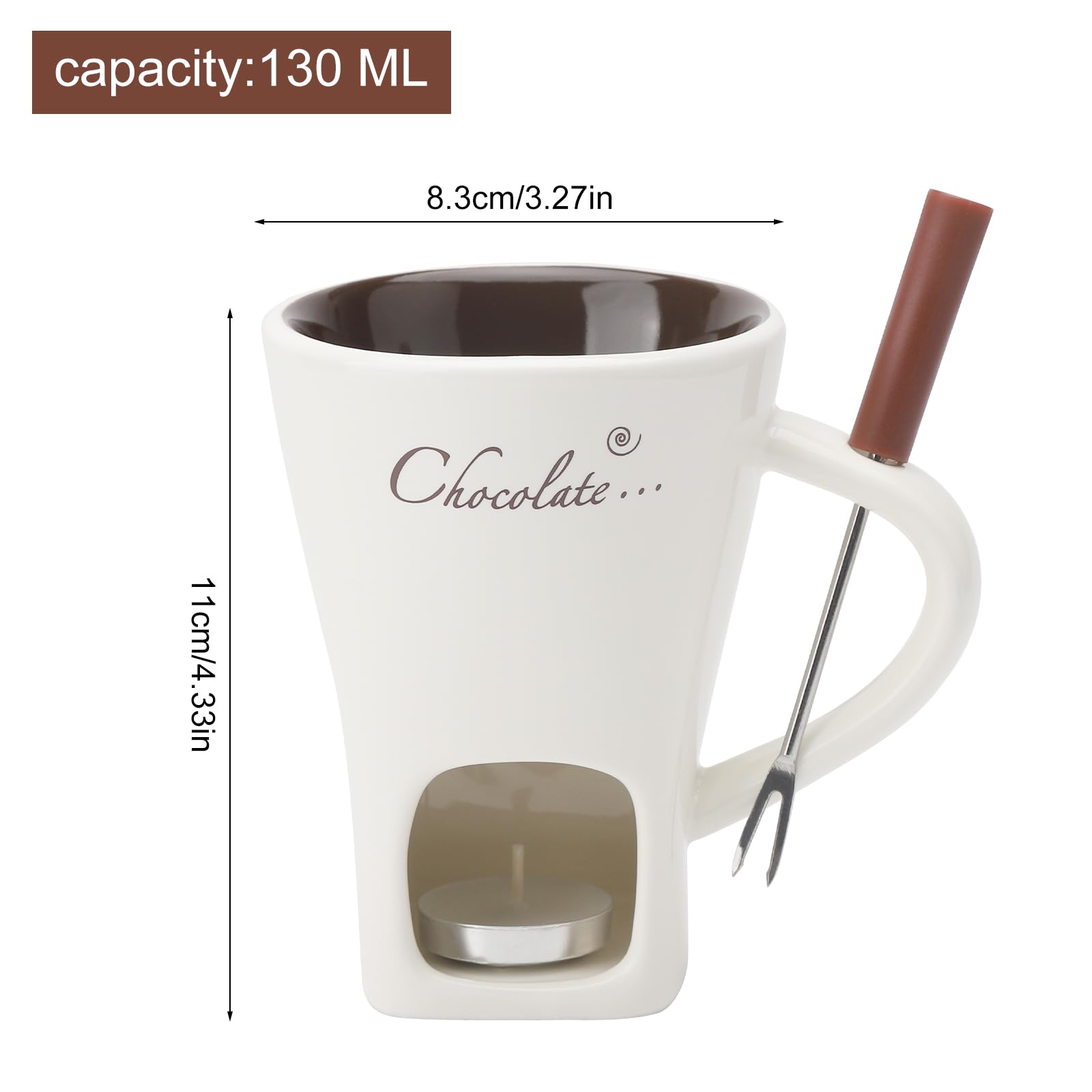 Filiżanka do fondue czekoladowego z widelcami, 200 ml, ceramiczny zestaw do czekoladowego fondue, kubek do topienia czekolady, zestaw do fondue z widelcem i podgrzewaczem, do sera, czekolady, masła