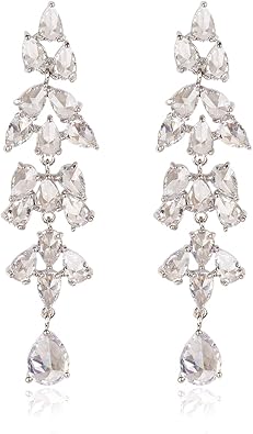 Womens Long CZ Cluster Drop Earrings Wedding Leaf Linear Dangle Earrings