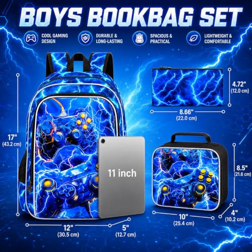 Image of 3Pcs Gamer Backpack for Boy, 17 inch Lightning School Bookbag for Elementary Preschool Kindergarten, Kids School Thunder Backpacks with Lunch Box (Blue)