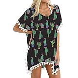 Damen Spitze Strandkleid V-Ausschnitt Badeanzug Bedecken Pareos Kimono Cardigan Strandkleid Boho Strandponcho Damenbesatz Kaftan Chiffon Quasten Badebekleidung Beach Loose Bikini Cover Up Tops