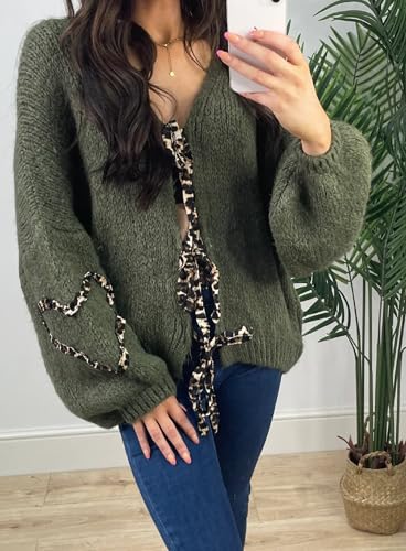 Image of Women's Tie Knot Leopard Heart Print Knit Cardigan Oversized V Neck Open Front Bandage Sweater Trendy Fall Knit Outwear