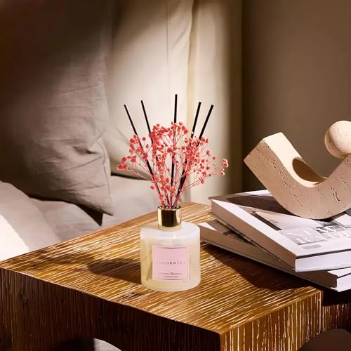 Image of COCORRINA Reed Diffuser - Cherry Blossom 6.7 Fl.oz Reed Diffuser Set with Sticks & Preserved Baby's Breath, Reed Diffuser for Home Bathroom Shelf Decor