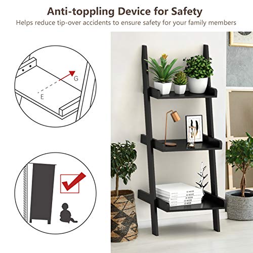 Giantex Ladder Shelf, 3.7 Ft Tall Wooden Black Ladder Bookshelf, Easy To Assemble, Perfect Size For Bathroom, 3-Tier Small Wood Corner Ladder Shelf #TOP4