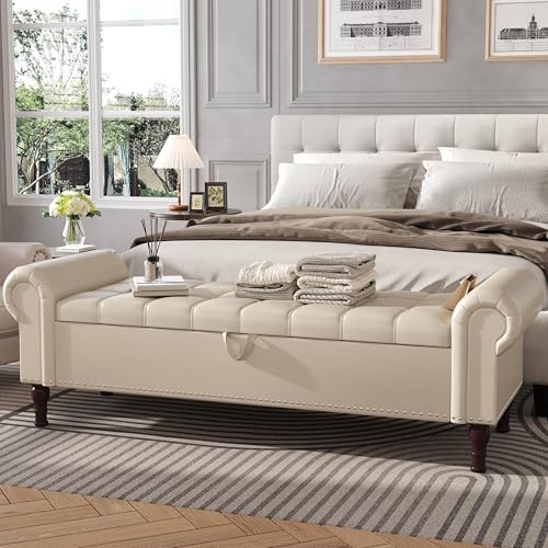 Apicizon 60” Bench with Storage, Faux Leather Ottoman Bench with Rolled Arm & Vintage Rivets, End of Bed Bench for Bedroom, Living Room, Entryway, Beige+Brown Legs
