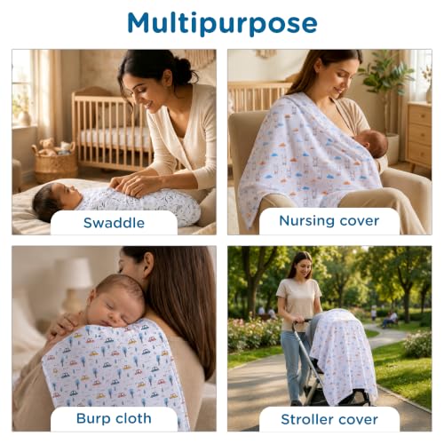 Image of Mee Mee 100% Muslin Cotton Swaddle Wrapper Set (Pack of 3) | Soft, Quick-Drying & Highly Absorbent Baby Blanket Towel | Printed Mulmul Cloth for Newborn Essentials (Multicolour, 100 x 100 cm)