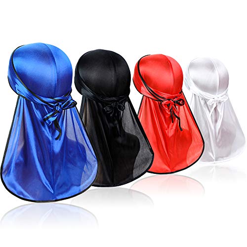 4 Pieces Men Wave Durags – Premium Soft Durag Headwraps with Extra Long Tail and Wide Straps Perfect for 360 Waves