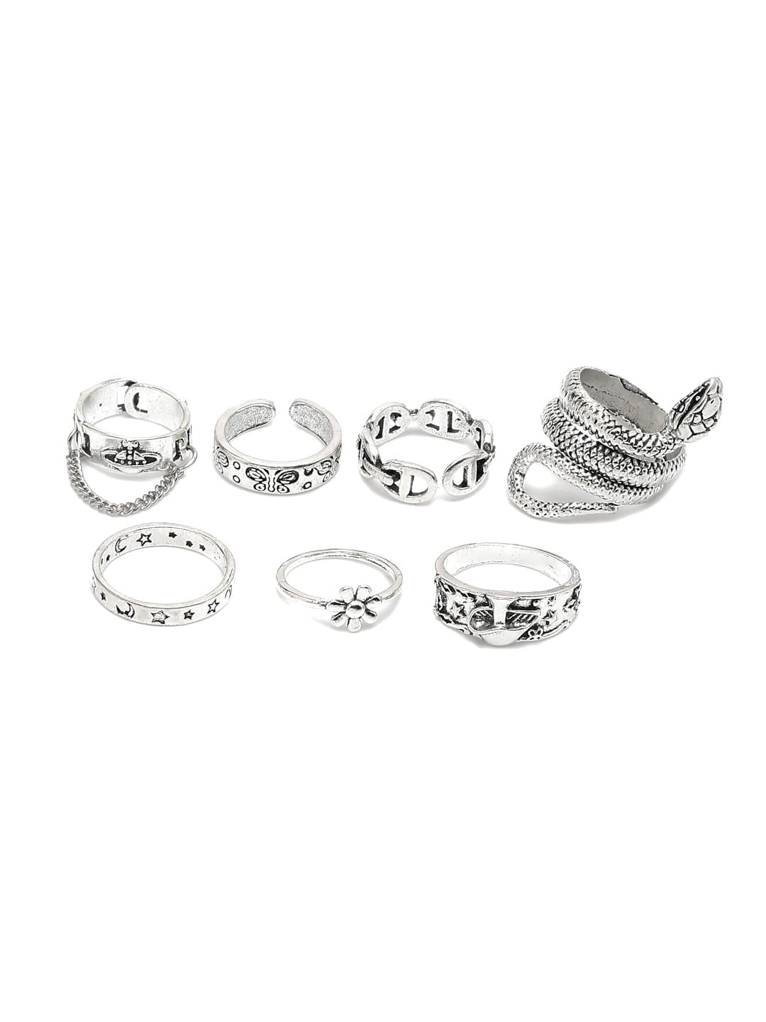 Jewellery Oxidised Tribal Afghani Combo of 7 Adjustable Rings for Girls and Women (Silver) (YBRG_20254)