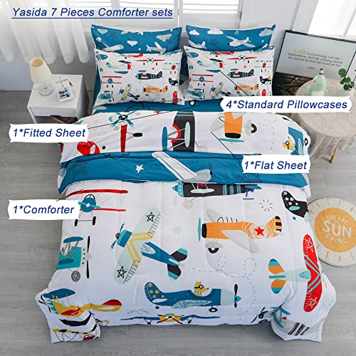 Yasida 7 Piece Airplane Comforter Set For Boys And Girls, Comforters Queen Size Bed In A Bag, Microfiber Kids Bedding For All Season (1 Comforter, 1 Flat Sheet, 1 Fitted Sheet, 4 Pillowcases) #TOP1