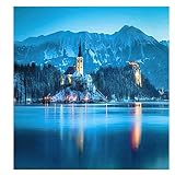 YRDSMZ Peinture sur Toile sans Cadre Art Mural sur Toile l'image pour La Maison Décoration Moderne Décor d'impression Bâtiments Au Bord du Lac La Nuit-20X20Cm