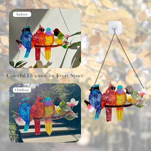 Image of DASTOLL Stained Glass Window Hanging - Large Suncatcher Stained Glass Birds on Branch, Sun Catchers for Indoor Window Doors Room Home Decoration Hummingbird Gifts for Bird Lovers