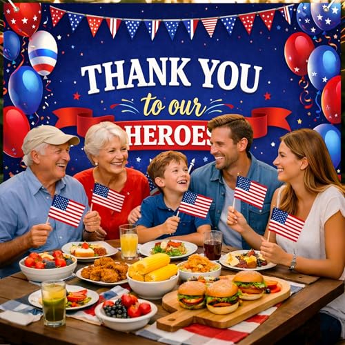 Image of BlissYard Thank You Heroes Backdrop 8x6ft 4th of July Patriotic Party Banner Veterans Appreciation Decorations Military Appreciation Decor Independence Day Celebration Patriotic Event Decoration