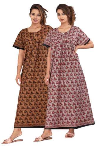 Image of Kuruti B Sheets Nighty for Women Cotton Combo (Pack of 2 Pcs) Nighty Gown Round Neck Short Sleeves Free Size