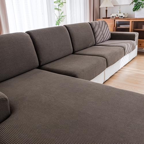 Couch Cushion Covers, Comfort Soft Magic Sofa Covers Washable Stretch Resistant Slipcovers for Sectional and L Shaped Seats Furniture Protectors for Pets (2 Seaters Covers, Brown)