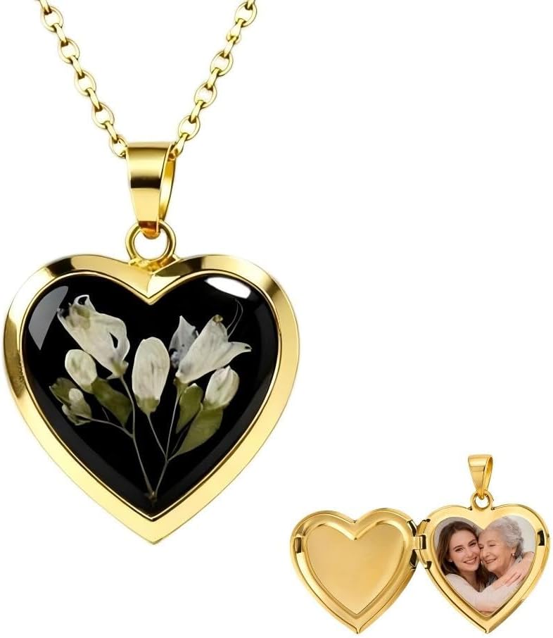 Vintage Heart Locket Necklace, Handmade Pressed Flower Photo Pendant, Boho Jewelry for Women, Floral Gold-Tone Heart Necklace with Photo Holder, Retro Hippie Jewelry,Birthday Gift for Women Girls