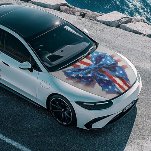 Image of American Flag Bow Car Hood Cover Watercolor Bow Star Stretchable Elastic 4th of July Auto Accessories for Car Hood Decoration and Protection, Universal Fit