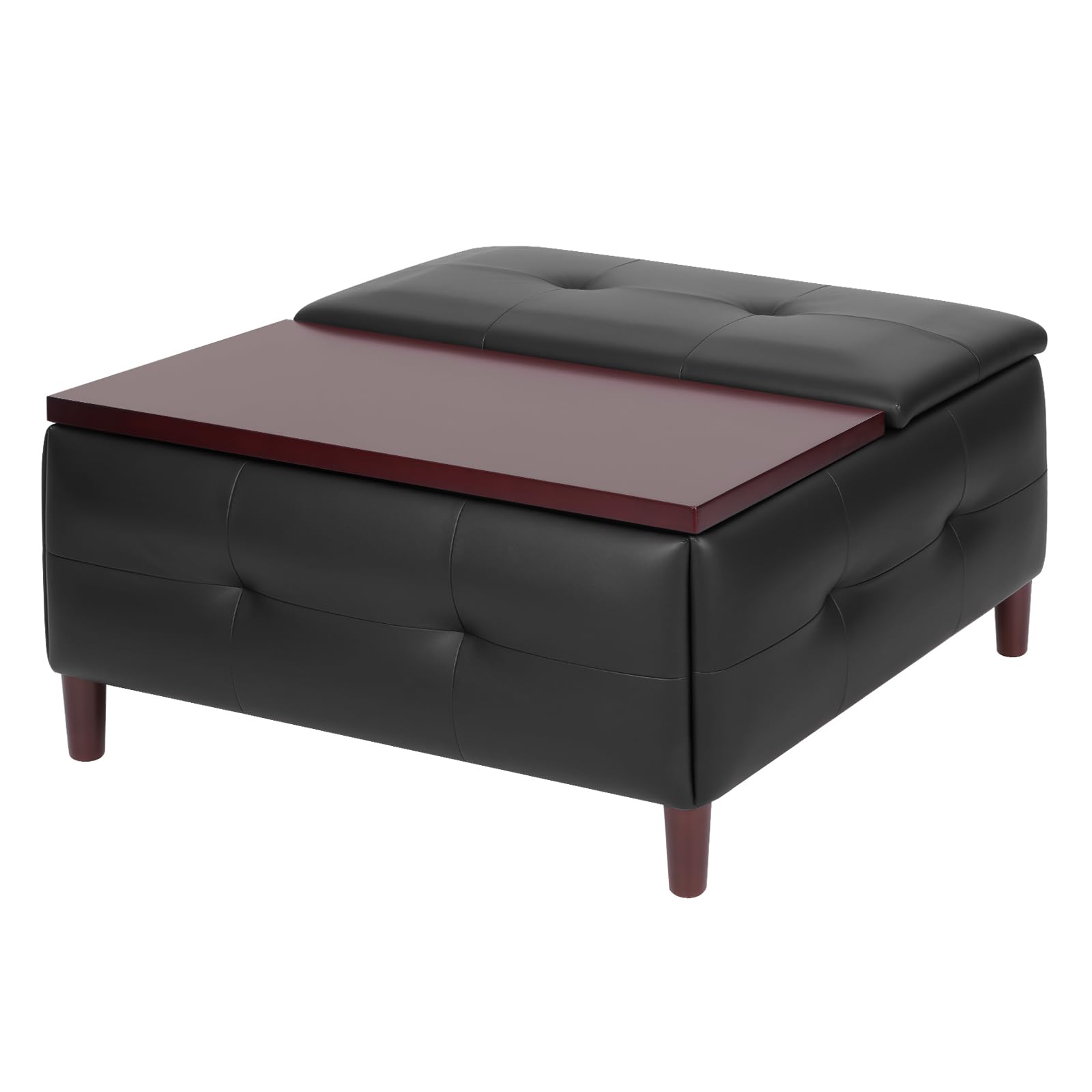 Panana Multi-Functional Storage Ottoman with Lift-Top & Side Table, Spacious Hidden Storage, Wooden Feet Ottoman Coffee Table, Upholstered Footstool for Living Room/Bedroom (Black Faux Leather)