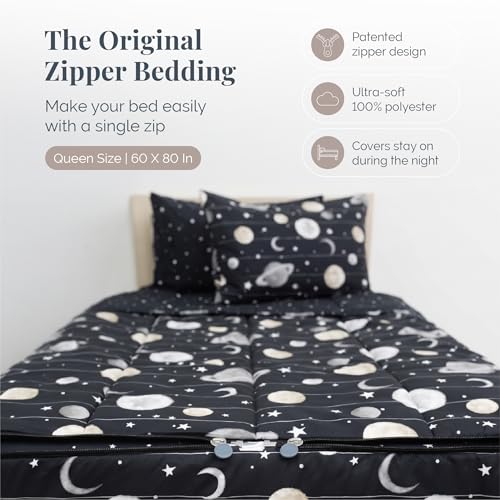 Image of Beddy's Outer Space Themed Durable Zipper Bedding for Kids /Teens - Bed in a Bag-Black Sheets & Universe Galaxy Comforter Stars & Solar System,Includes 2 Pillowcases & 2 Shams-Easy to Make & Wash-Queen