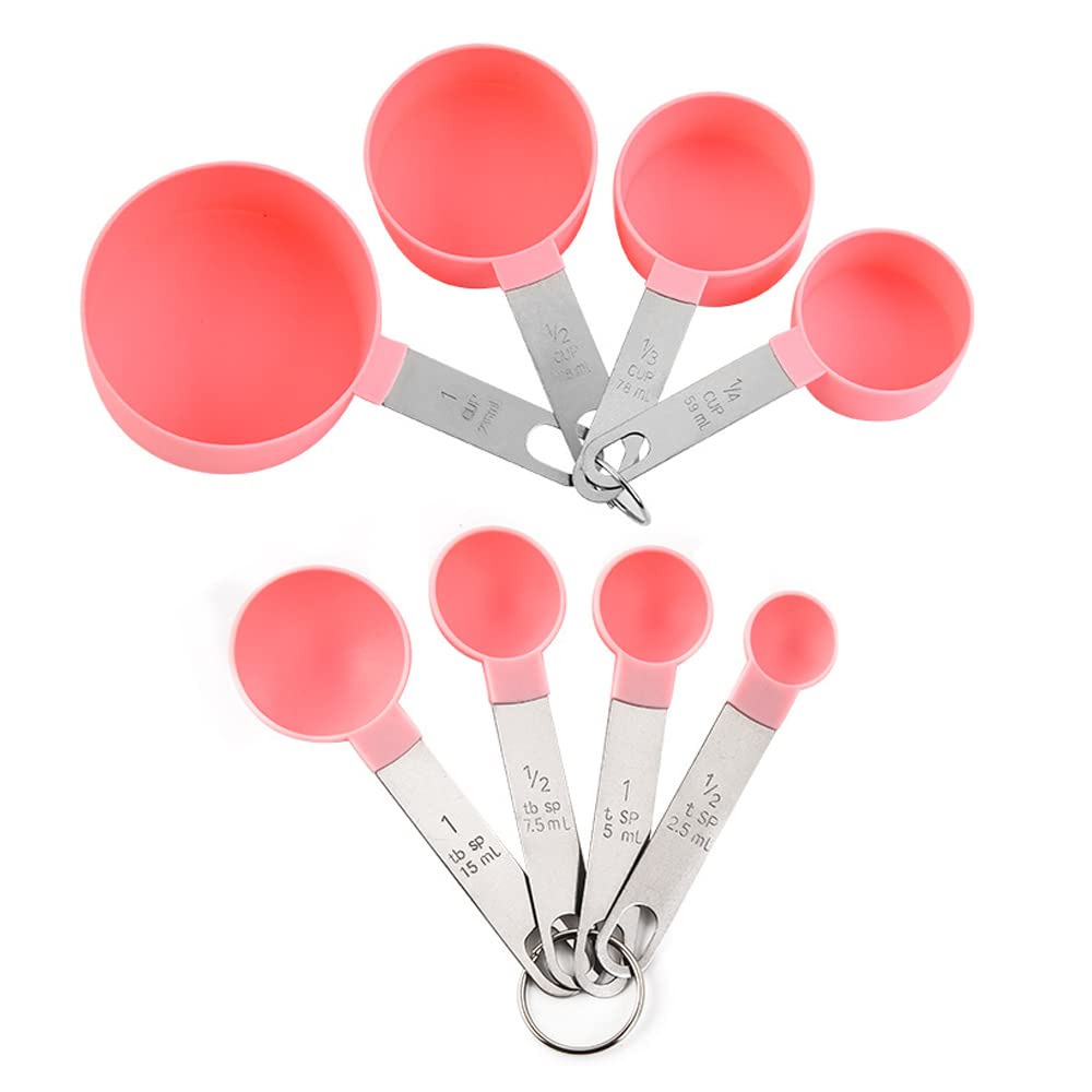 FUYTERY 8pcs Measuring Cups and Spoons Set Stainless Steel Stackable Kitchen Tool (pink) — image 1