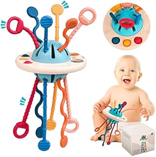 Travel Toys for 1 Year Old Boys Girls-UFO Food Grade Silicone Pull String Activity Toy Baby Montessori Toys 6-12-18 months Sensory Toys for Toddlers 1-3 First Christmas Birthday Gift for Boys Girls