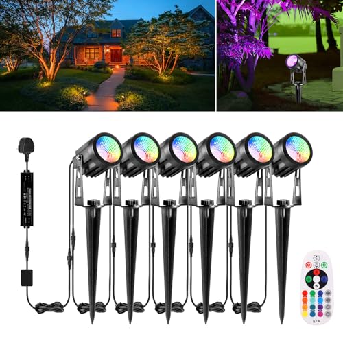 ECOWHO Garden Spotlights Mains Color Changing Outdoor Garden Spike Lights IP65 Waterproof 20m Extendable Cable Xmas Spot Lights 12V Garden Lights Timer Memory Remote for Holiday Decor(Cool White&RGB)