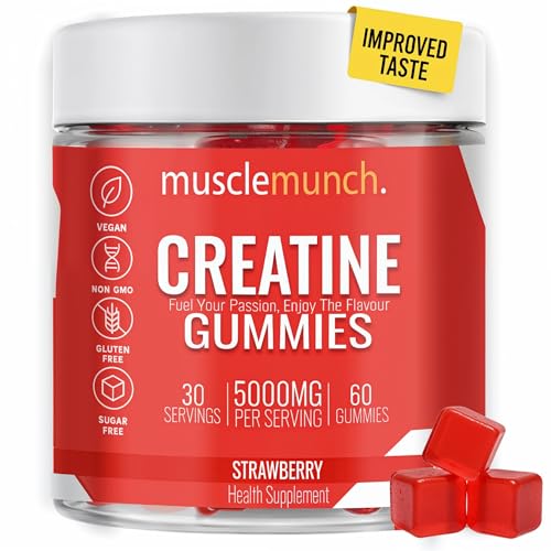 Creatine Gummies 5000mg - Strawberry Flavour Chewables - Muscle Growth, Energy, Brain Function & Recovery - 60 Gummies (30 Servings) - Pre & Post Workout Supplement - Muscle Munch Creatine Monohydrate