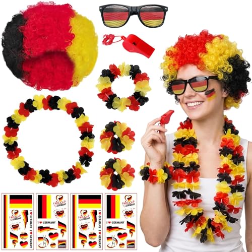 Deutschland Fanartikel, Fußball WM 2026, 13 Stück WM 2026 Fanartikel Set mit Perücke Brille Girlanden Aufkleber und Pfeife, WM Fanartikel für Stadionbesuche und Nationalmannschaft Unterstützun