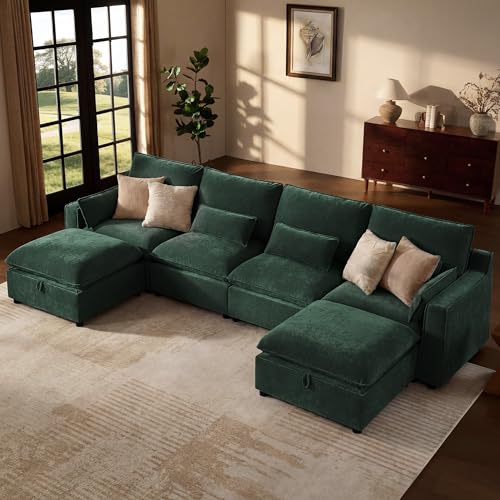Image of WorthFurni Modern Modular Sectional Sofa,134 inch U Shape Sectional Cloud Couch with Storage Ottoman,Comfty 6 Seat Sofa for Living Room,Green Chenille