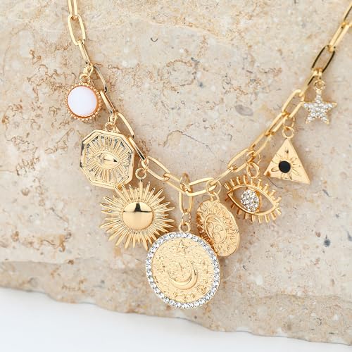 Charm Necklace for Women Gold Evil Eye Sun Moon Flower Coin Pendant Necklace Dainty Paperclip Chain Vintage Luck Amulet Choker Necklaces Celestial Jewelry Gift4