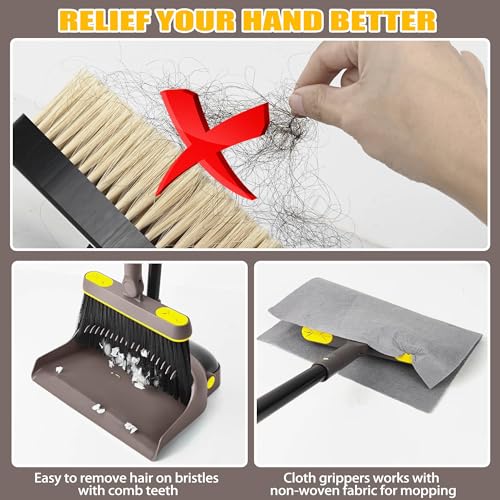 JEHONN Besen und Kehrschaufel Set mit Langem Stiel 138CM, 180 Grad Drehen Kehrbesen, Öffnende Schaufel Schwanz, Broom and Dustpan für Haus, Büro, Lobbykehr (Braun Gelb)