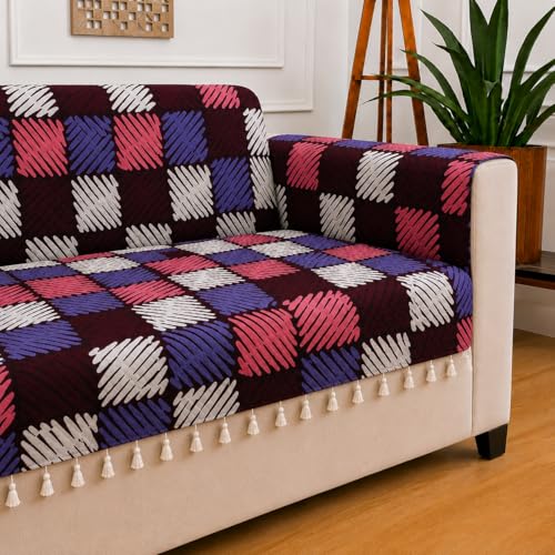 Image of STITCHNEST 'Frostvine Collection' 1 Seater Sofa Cover | Full Coverage with Armrest Pockets | Cotton Quilted Fabric, Decorative Tassels, Washable & Durable for Modern Living