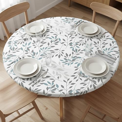 45-50" Round Elastic Fitted Tablecloth Polyester Watercolor Leaf Cover