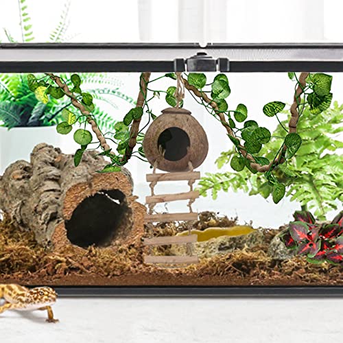 HERCOCCI Leopard Gecko Tank Accessories, Coconut Shell Ladder Hideout Hole Reptile Climbing Vine Habitat Decor with 3 Pieces Colorful Plastic Plants for Chameleon Lizard Snake Hermit Crab
