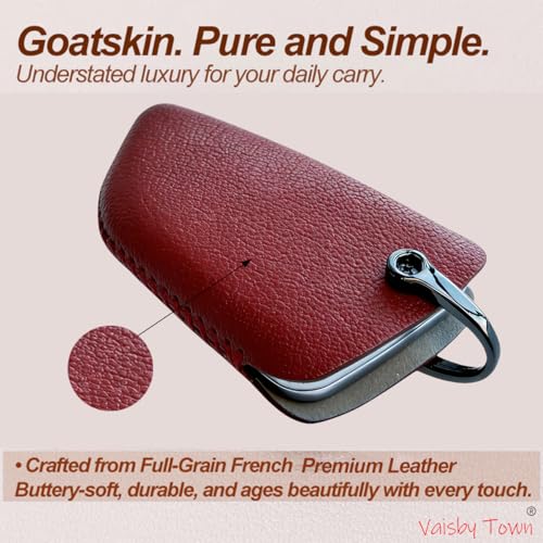 Image of Car Key Fob Cover Compatible with BMW 2 3 5 6 7 Series X1 X3 X4 X5 X6 X7 Z4 | Genuine Goat Leather Hand-Stitched, Volcano Red Premium Protective Case with Strap & Keychain