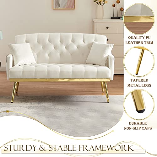 Antetek Upholstered Velvet Loveseat Sofa, Modern Small Sofa Couch With Side Pocket And Golden Metal Legs, Tufted Leisure Sofa For Living Room, Bedroom, Office, Light Beige #TOP3