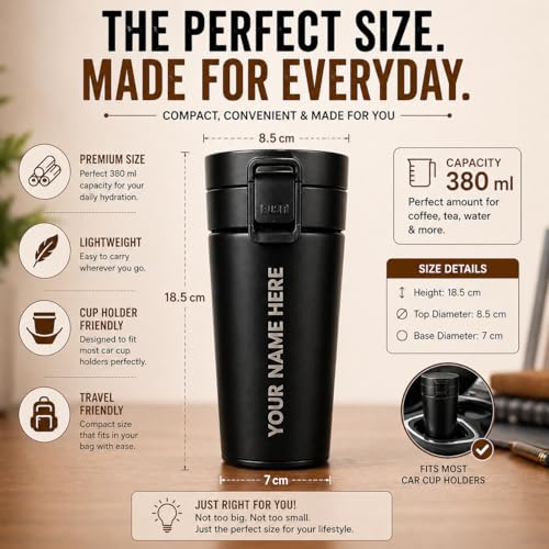 Image of Fitness Mantra Custom Name Engraved Coffee Mug 380ml | Personalized Stainless Steel Travel Mug | Leak Proof, Double Wall Insulated | Unique Gift for Men & Women | Hot & Cold Thermal Cup