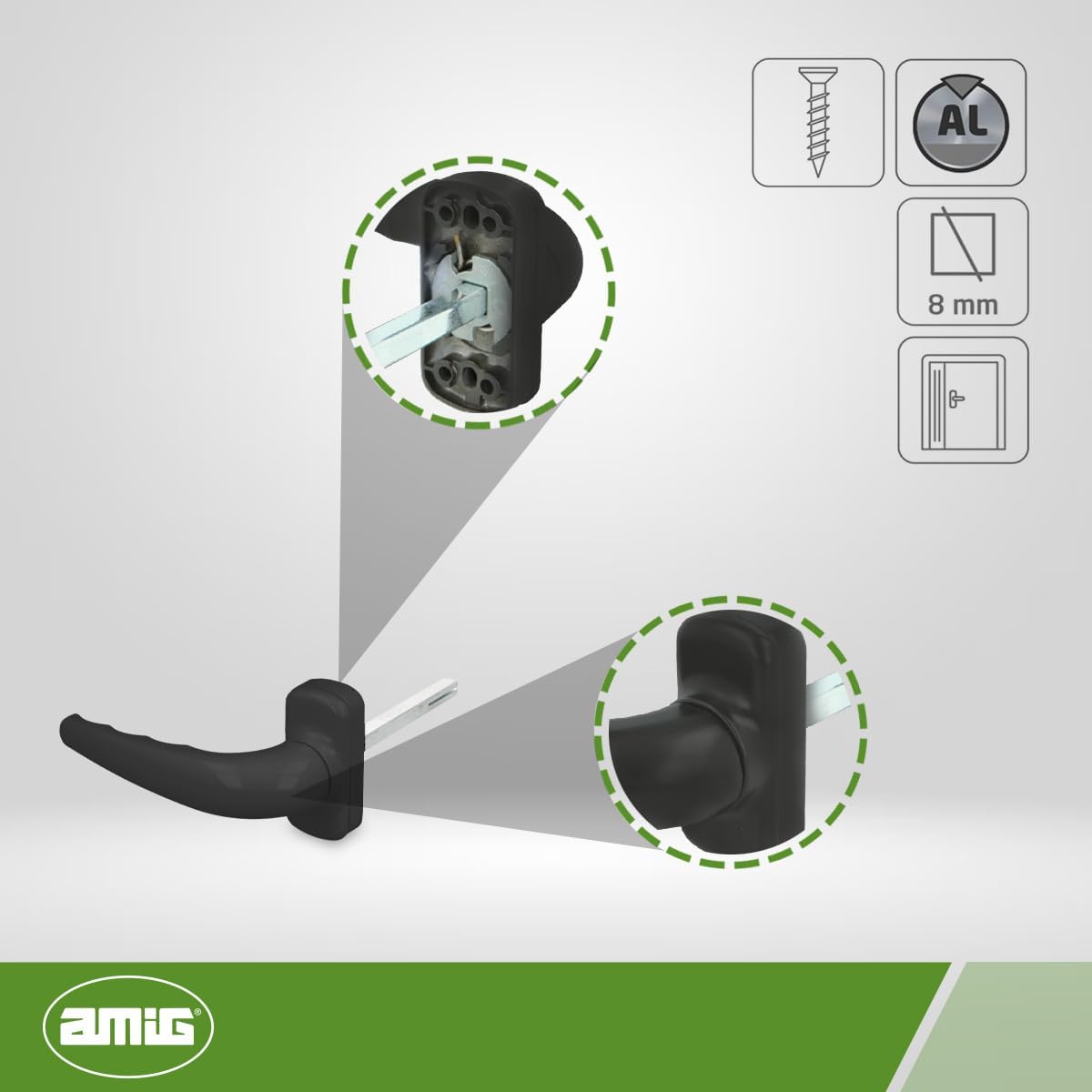 Amig - Reinforced Rosette Handles - Sendoa Model - Made of Aluminium - Size: 125 x 66 mm - Square of 8 mm - Ideal for Interior or Exterior Doors - Finish: Black