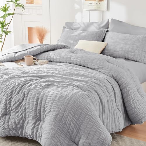 Image of HYMOKEGE Light Grey Full Size Comforter Sets Seersucker 7 Pieces, All Season Luxury Bed in a Bag for Bedroom, Bedding Set with Comforters, Sheets, Pillowcases & Shams