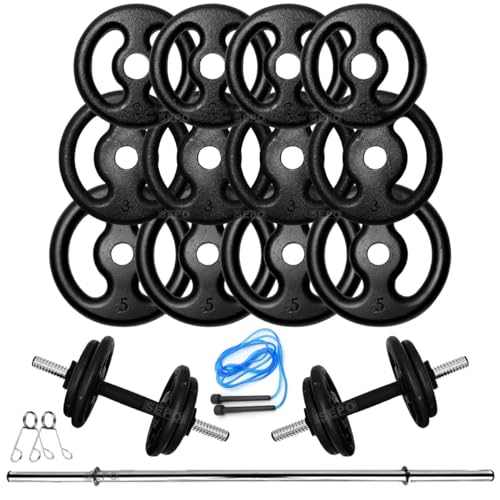 Kit Musculação 40Kg Anilhas E Barras + Corda Treino Em Casa