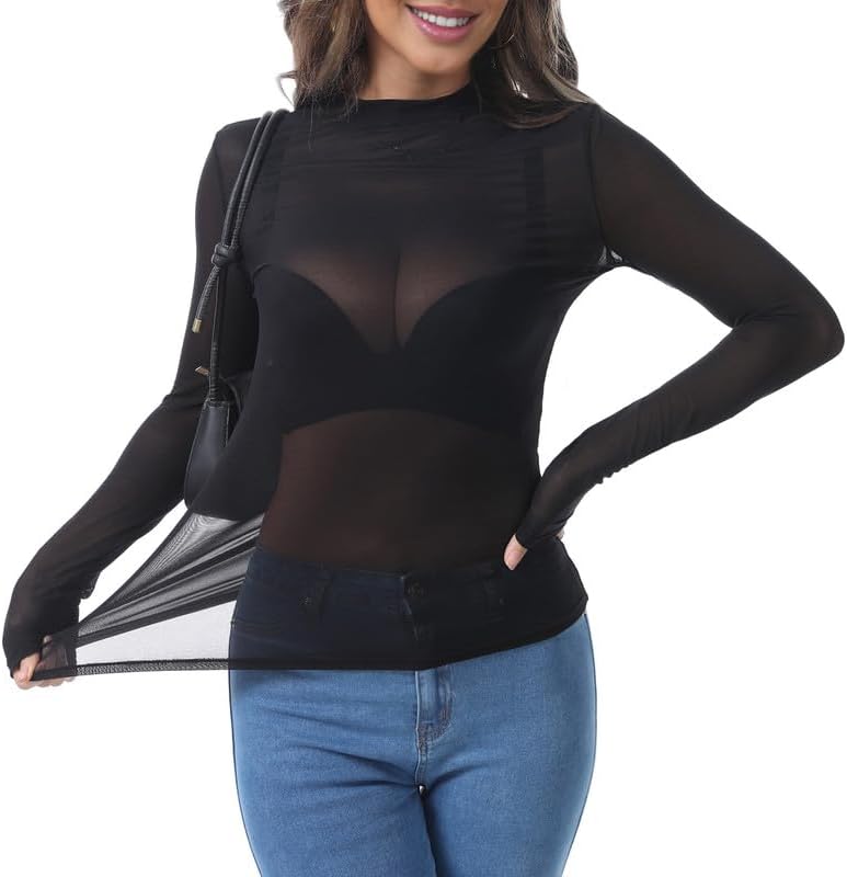 Sheer Tops for Women Mock Neck Black Mesh Long Sleeve Top Country Concert Outfits See Through Tops for Women - Image 2
