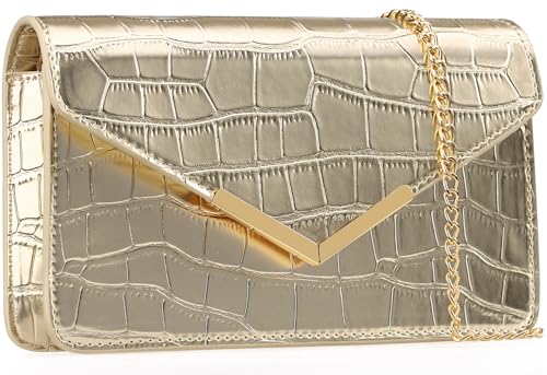 Image of DEXMAY Evening Clutch Handbag for Women Elegant Crocodile Embossed PU Leather Envelope Handheld Crossbody Purse Formal Foldover Dressy Bag Champagne