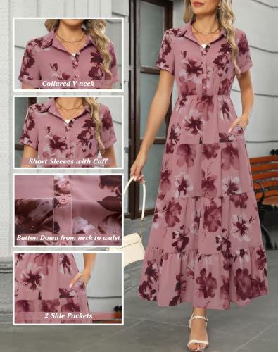 Image of Kranda Women 2026 Summer Collared V Neck Short Sleeve Button Down Chiffon Long Tiered Floral Maxi Dress with Pockets