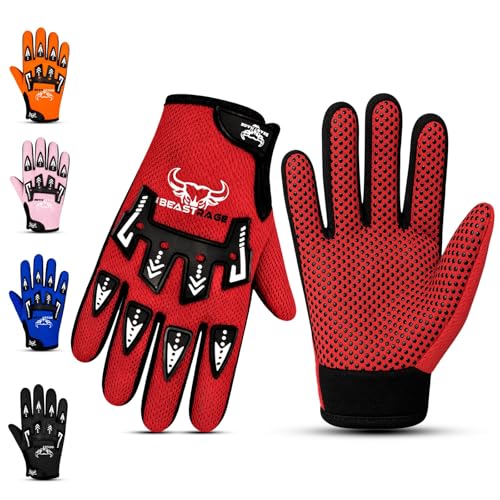 BEAST RAGE Kids Bike Gloves Motocross & BMX Cycling Gloves for Boys &Girls Non-Slip Grip Breathable Lightweight Dirt bike kids motorbike Gloves (Red Large [8-10 Yrs])