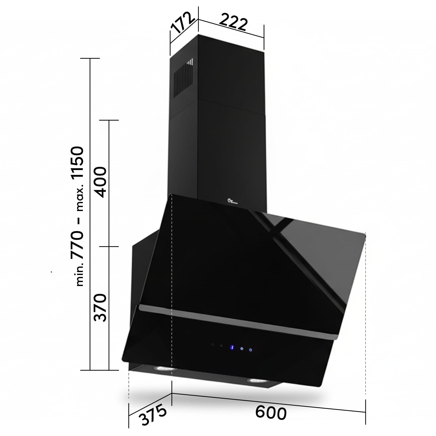 Thermex Glasgow 60 - Dunstabzugshaube 60 cm, Kopffrei, Schwarz | Schräghaube, Glas-Touch, 3 Stufen, 180-543 m³/h, 43-64 dB, 2 LED-Lampen, Alufilter, Ø150 Abluft/Umluft