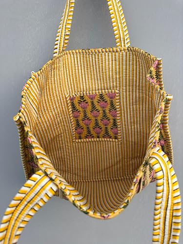 Image of Quilted Cotton Handprinted Reversible Large multicolor Floral Tote Bag,Hand Block Print Shopping Shoulder Carry Bag