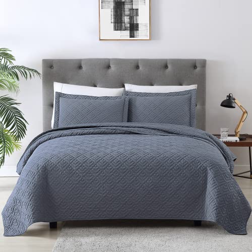 Exq Home Quilt Set Full/Queen Size Blue 3 Piece,Lightweight Soft Coverlet Modern Style Squares Pattern Bedspread Set For All Season(1 Quilt,2 Pillow Shams) #TOP12