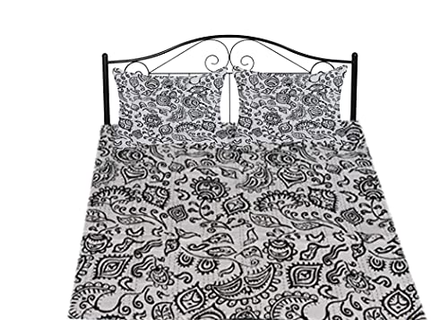 Sophia-Art Indian Feb India Reversible Bedspread Pattern Floral Print Bed Cover Gudri Pure Cotton Kantha Style Decorative Kantha Stitch Quilt (Black, King 90 * 108 Inches with sham Cover)
