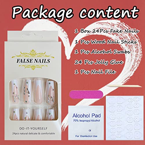 24 Pcs Long Press On Nails White French Tips Fake Nails Butterfly Rhinestone Full Cover Nails Tips Coffin False Nails With Charms Nail Decorations Glitter Acrylic Nails Glue On Nails For Women Girls #TOP4