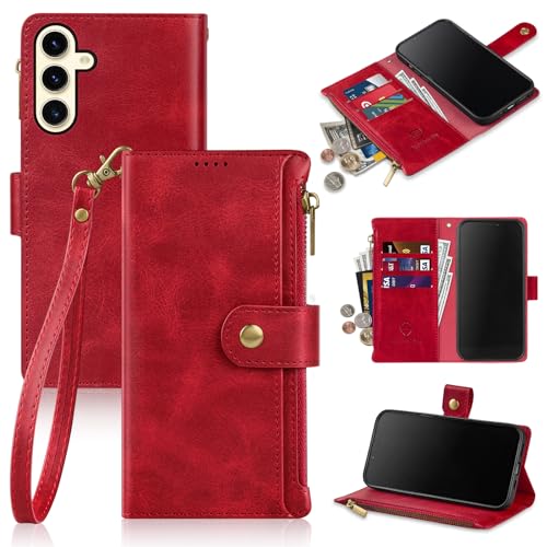 Antsturdy Compatible with Samsung Galaxy S24 Wallet Case with Card Holder Women Men,Phone Case RFID Blocking PU Leather Flip Shockproof Cover Wrist Strap Zipper Credit Card Slots,for S24 6.1",Red