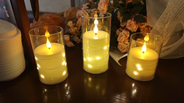 Image of Da by 3 Pack Ivory Transparent Acrylic Flameless Taper Candles, Flickering Black Wick LED Candles with Fairy String Lights, Heat Resistant ABS Candles with Remote for Home Patio Decor